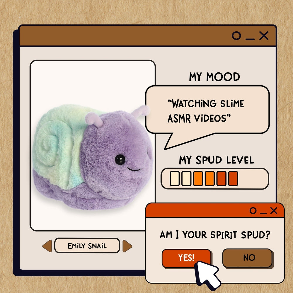 Aurora Spudsters Emily Snail 10" plush in pastel purple and mint, shown as a soft, hug-ready toy.