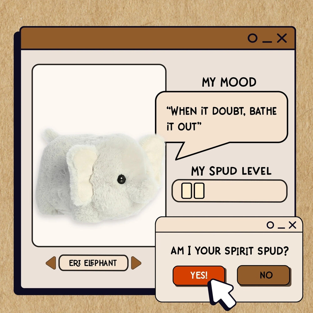 Aurora Spudsters Eri Elephant 10-inch plush toy, soft gray with white ears, shown in a playful digital mockup