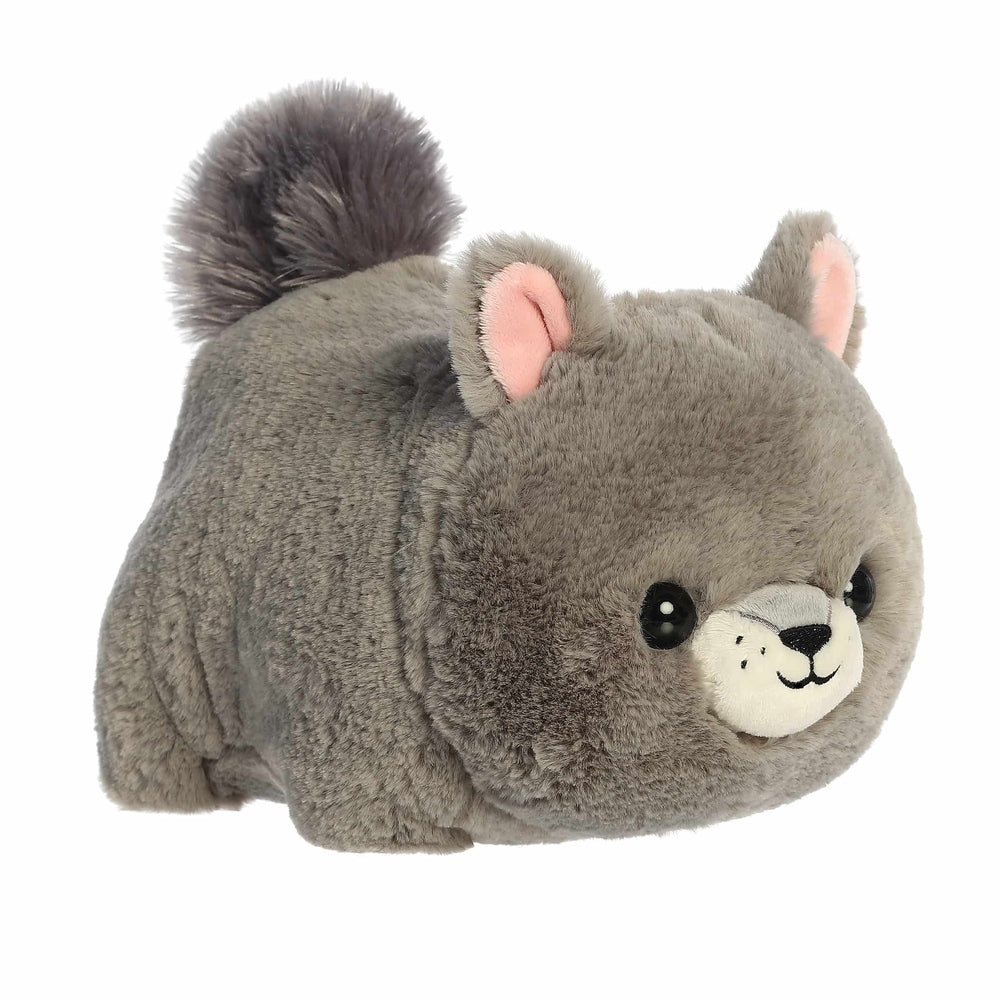 Aurora Gabby Gray Squirrel plush, gray fur with pink inner ears, black eyes, white snout, fluffy tail