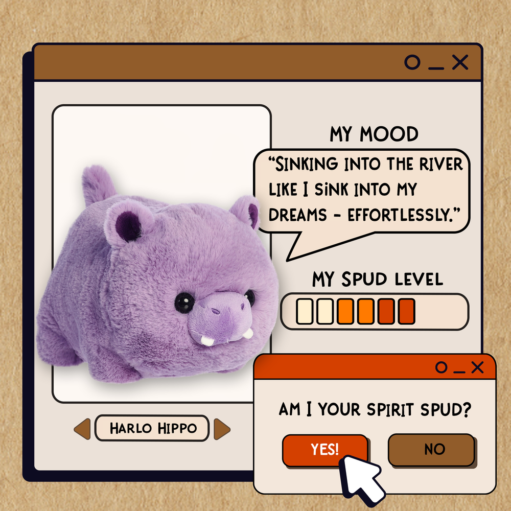 Aurora Spudsters Harlo Hippo 10" plush toy nestled on a mock computer screen with a speech bubble and mood indicators.