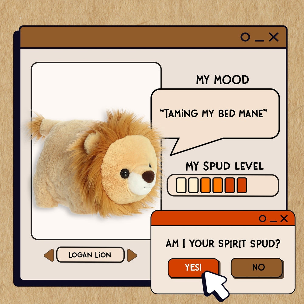 Aurora Spudsters Logan Lion 10" plush featured in a toy UI, showing its soft, cuddly fur.