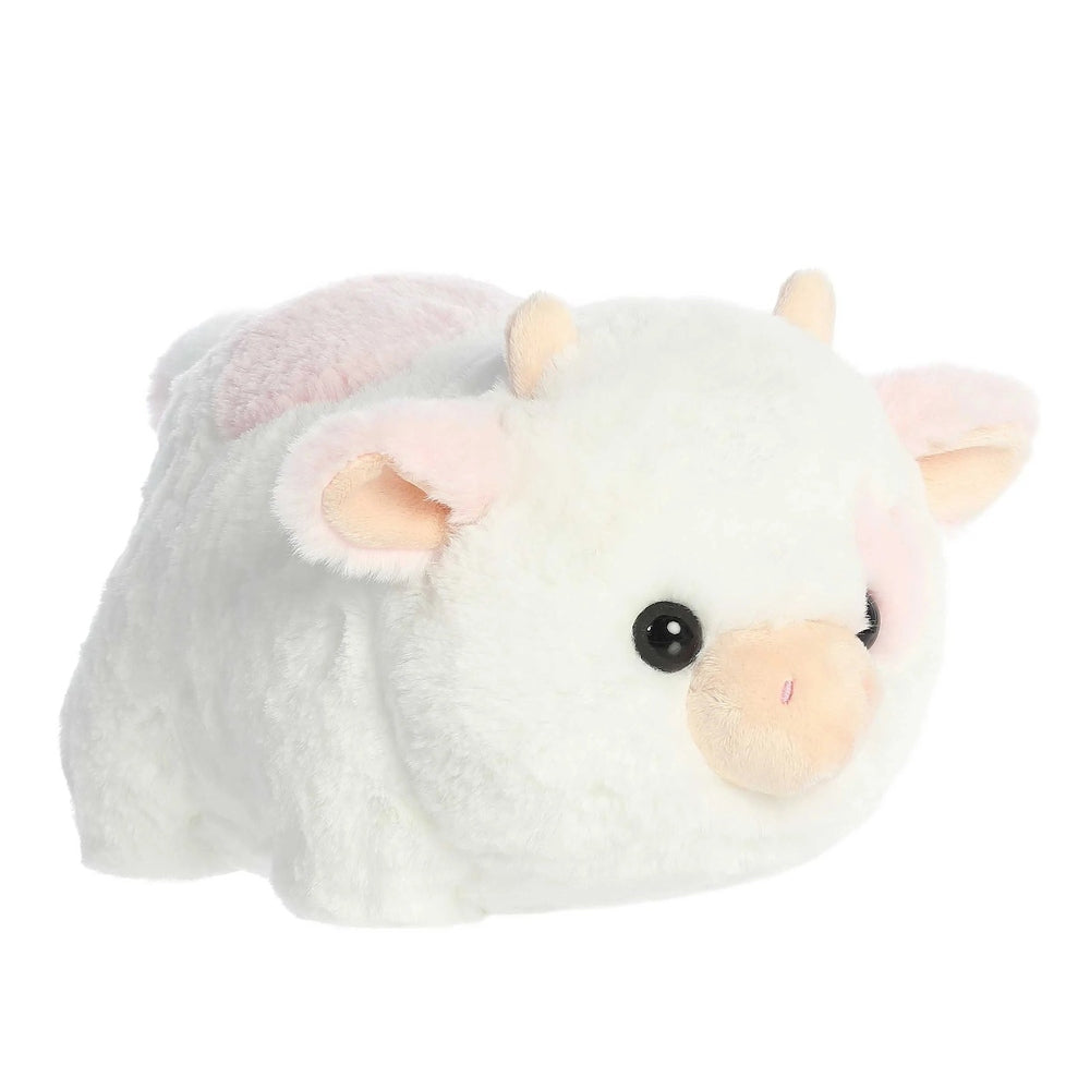 10-inch Moonique Strawberry Milk cow plush, white with pale pink ears and snout, black button eyes.