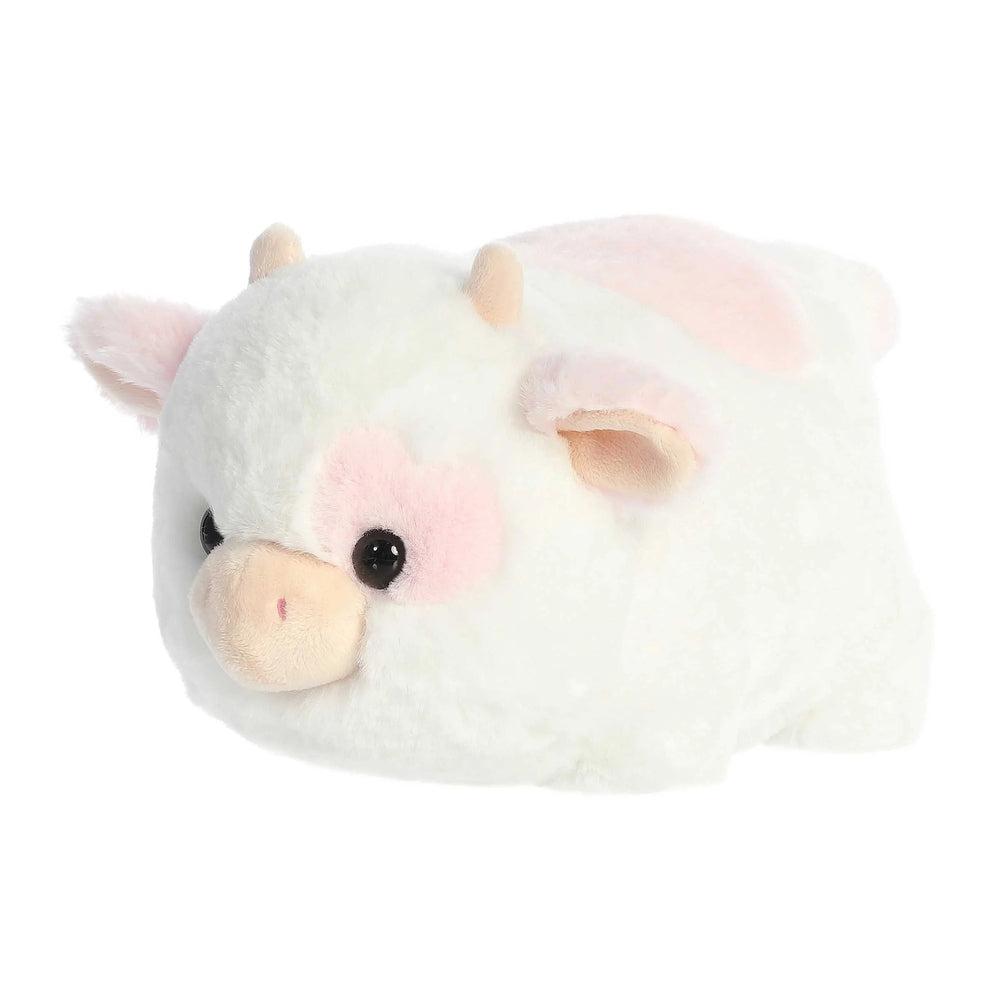 10-inch plush cow toy, soft white with pink patches, peach snout, pink cheeks, black eyes.