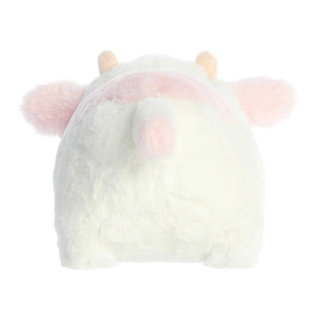 Soft white cow plush with pastel pink ears, pink cheeks, beige horns; 10-inch Moonique Strawberry Milk Cow.