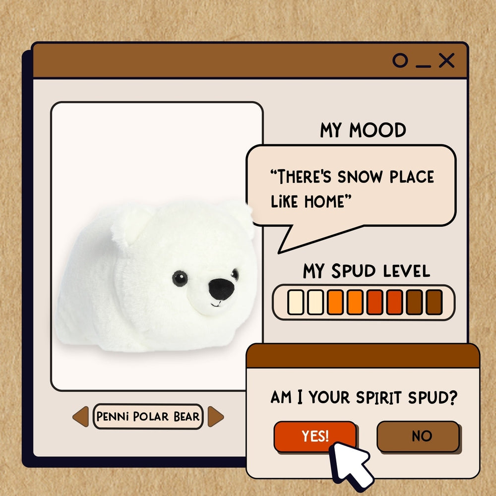 Aurora Spudsters Penni Polar Bear 10-inch plush, white cuddly toy shown on a playful screen with a speech bubble.