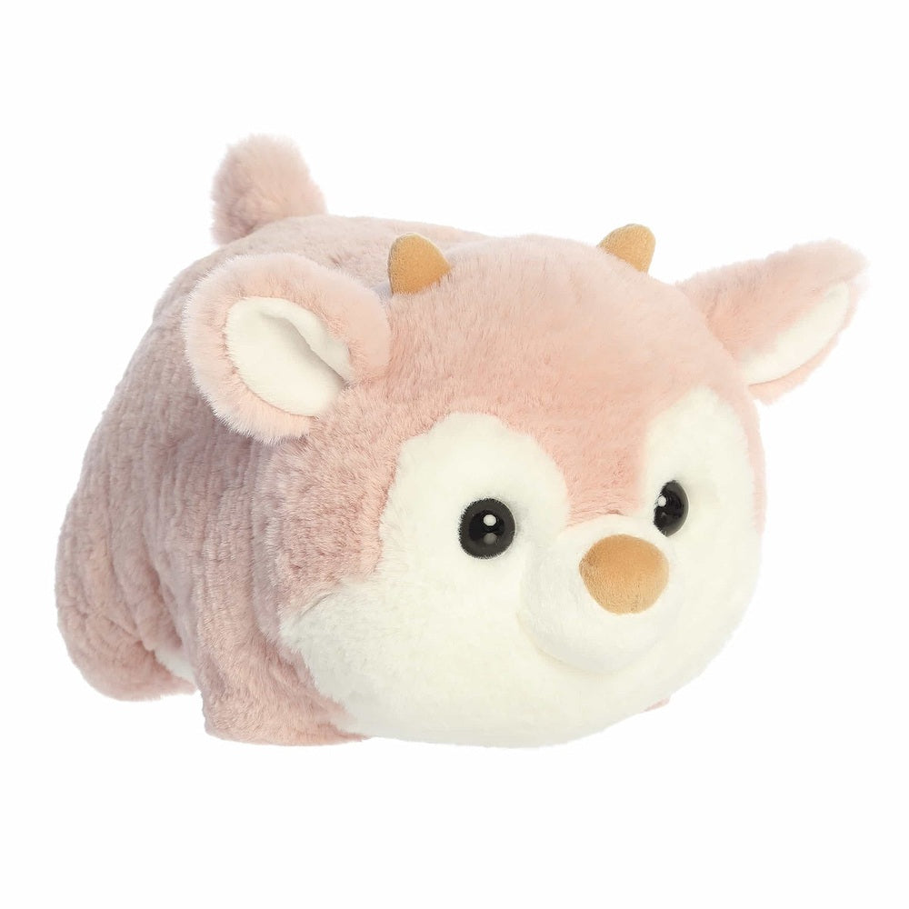 Aurora Spudsters Pinkee Reindeer 10" plush toy with soft pink fur and white face, sitting cozy for cuddles.