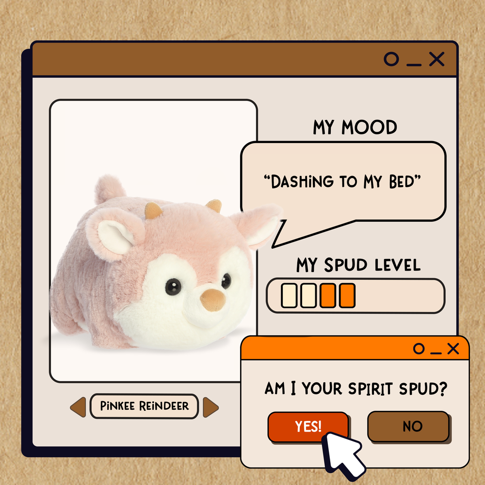 Aurora Spudsters Pinkee Reindeer 10" plush toy displayed in a playful digital mockup, with soft pink fur and cute face.