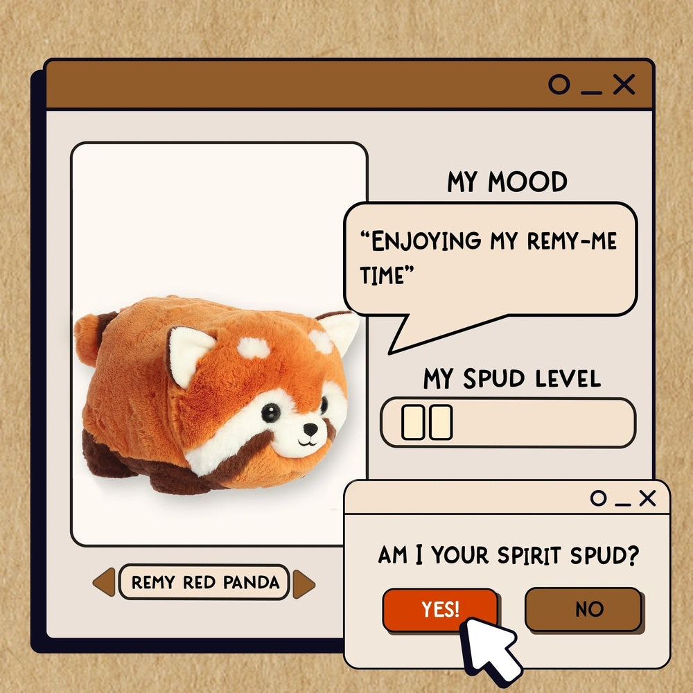 Aurora Spudsters Remy Red Panda 10" plush stuffed animal with cuddly orange-brown fur in a playful computer-window scene.