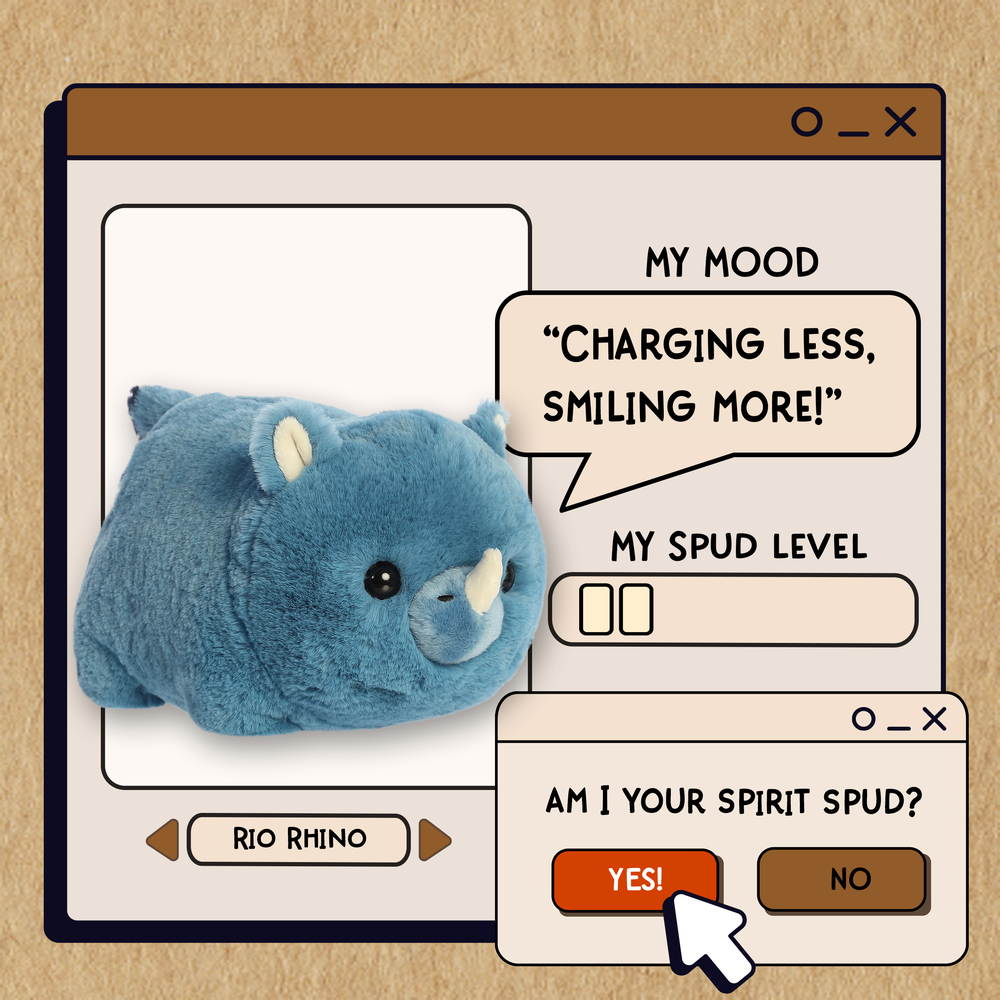 Aurora Spudsters Rio Rhino 10" plush toy in blue, shown beside playful chat bubbles highlighting its soft plush texture.