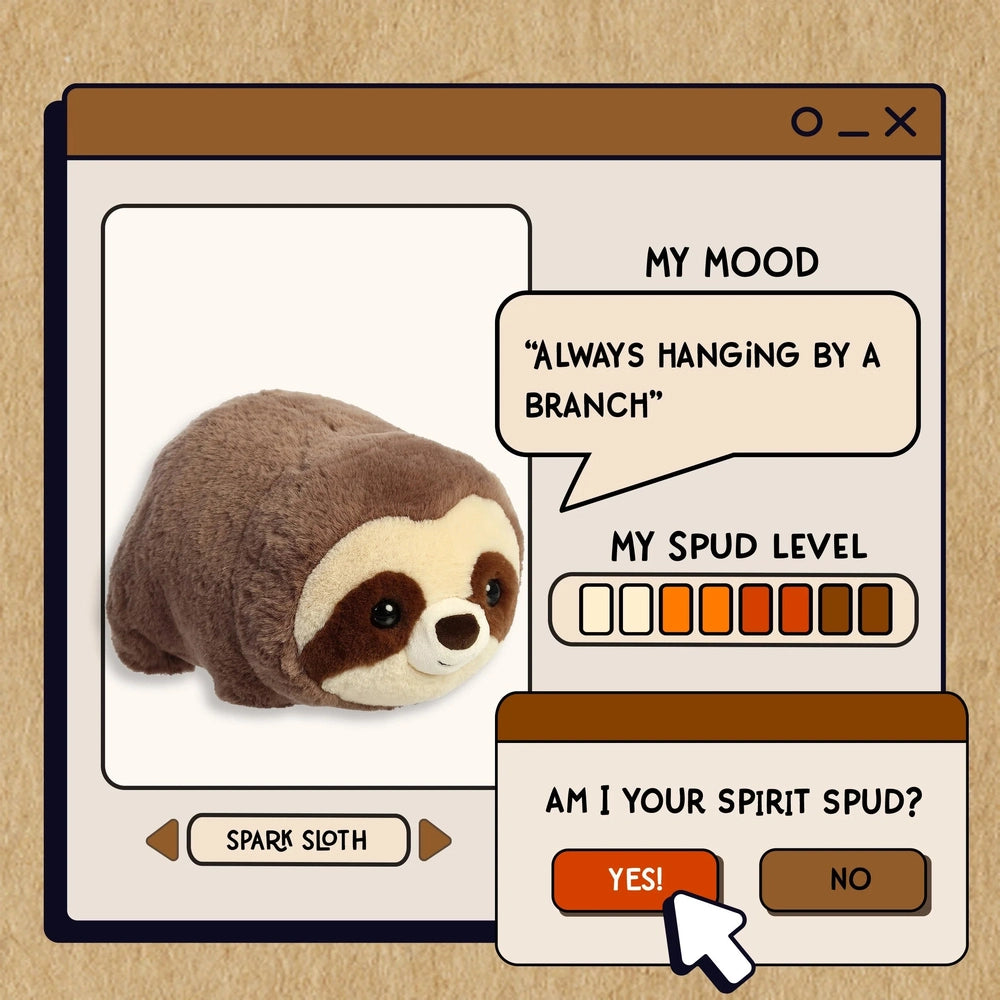 Aurora Spark Sloth plush stuffed animal, brown with cream face, 10-inch.