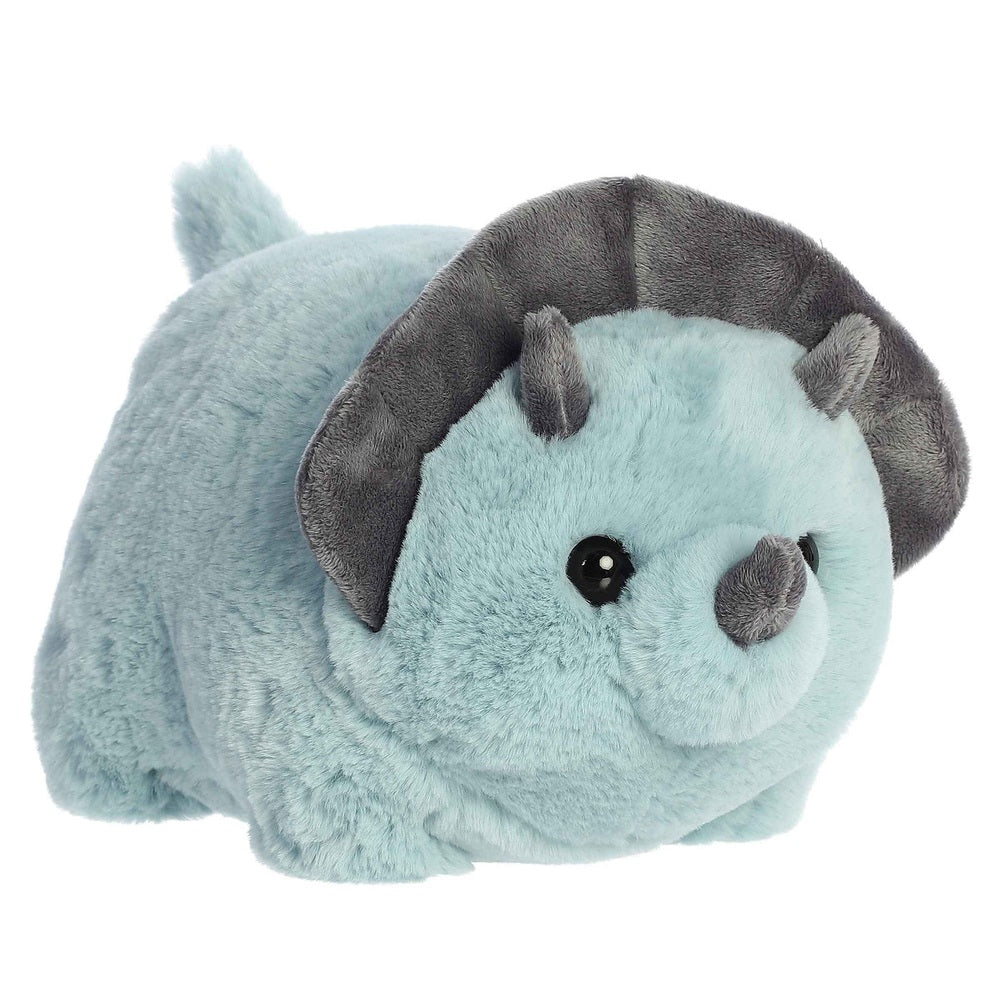 Aurora Spudsters Taren Triceratops plush toy, soft blue cuddle buddy with grey horns, resting in a cozy pose.