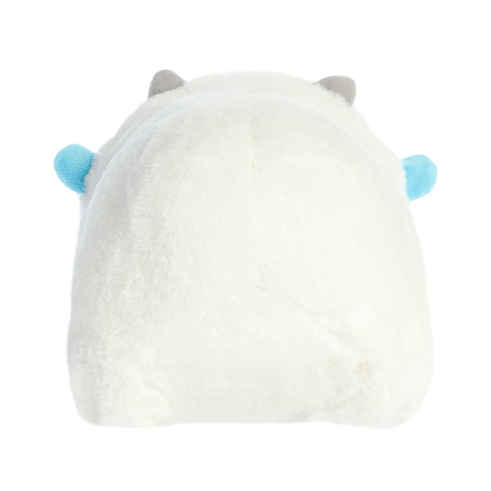 Aurora Spudsters Yanni Yeti 10" plush, white fluffy stuffed animal with grey and blue ears, viewed from behind