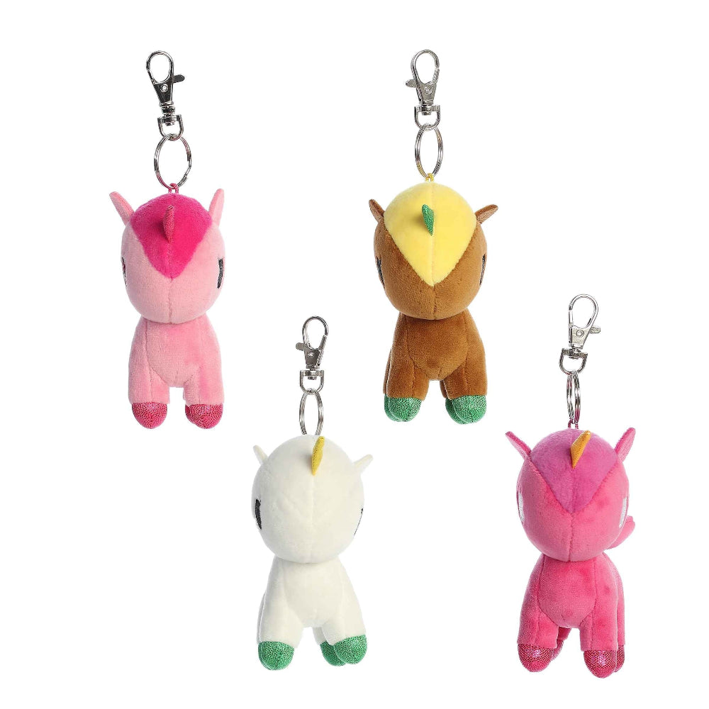 Tokidoki Flower Power Series 2 plush keychain unicorns, Aurora stuffed animals set of 4 in pink, brown/yellow, white, and pink