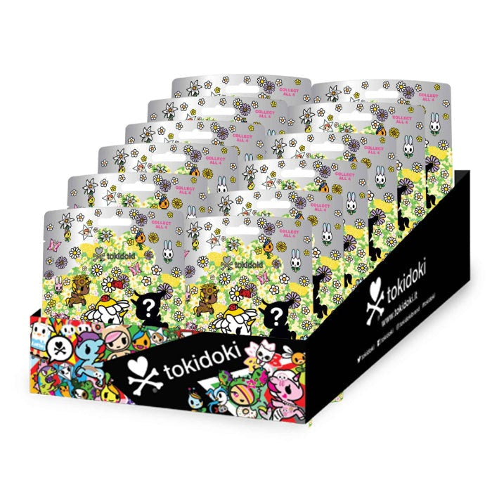 Tokidoki Flower Power 4.5-inch plush blind bag set by Aurora in a colorful display box with multiple characters