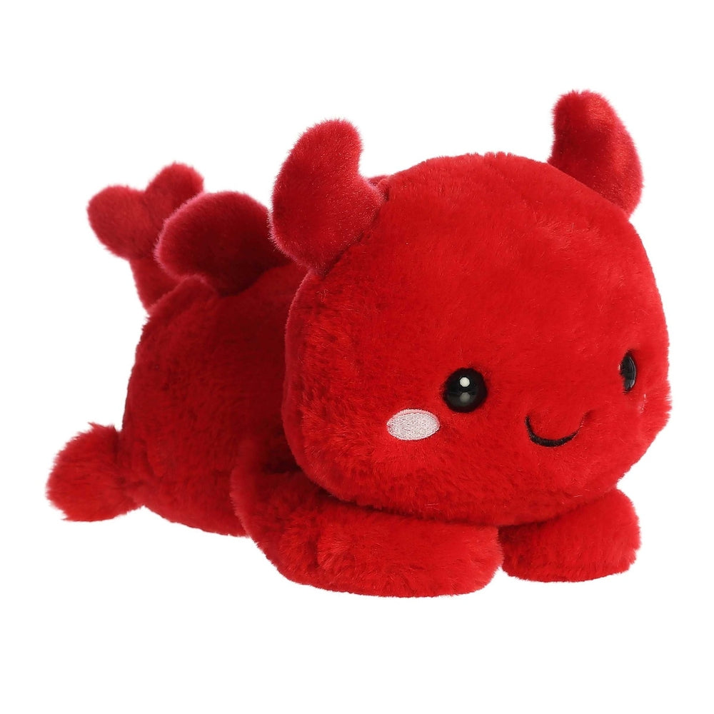 Red plush devil toy, 12-inch, fuzzy fabric with tiny horns, black button eyes, white cheek blush, smiling.