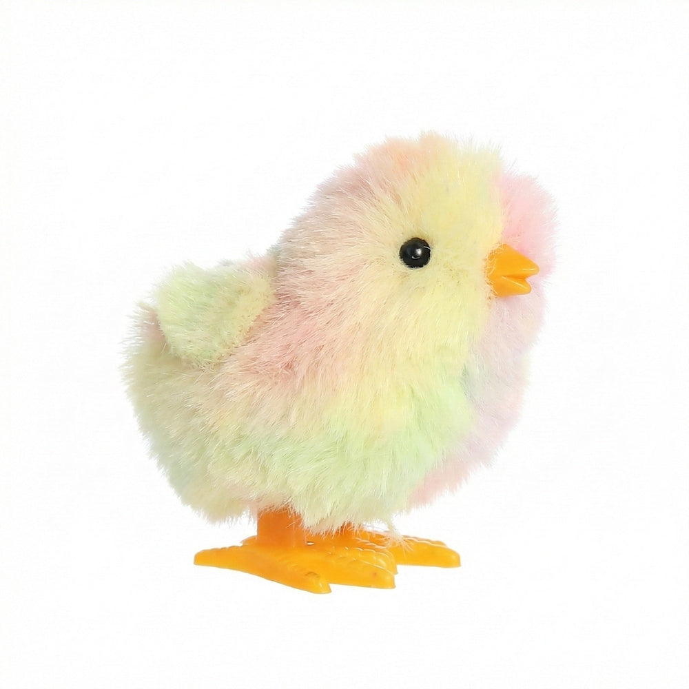Aurora plush wind-up chick, pastel rainbow fluffy toy with orange beak and feet