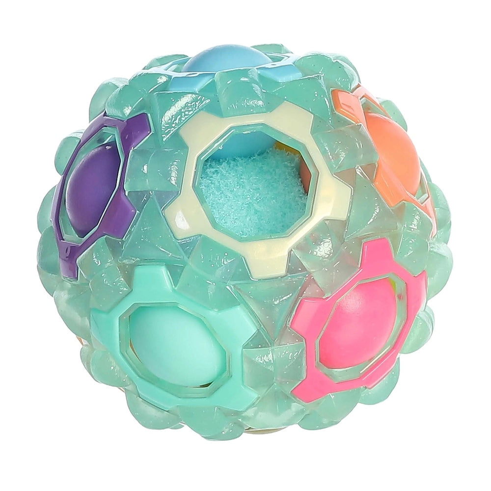 Aurora Toys Rainbow Puzzle Ball plush, turquoise with multicolor hex panels; a panel opens to reveal soft filling.