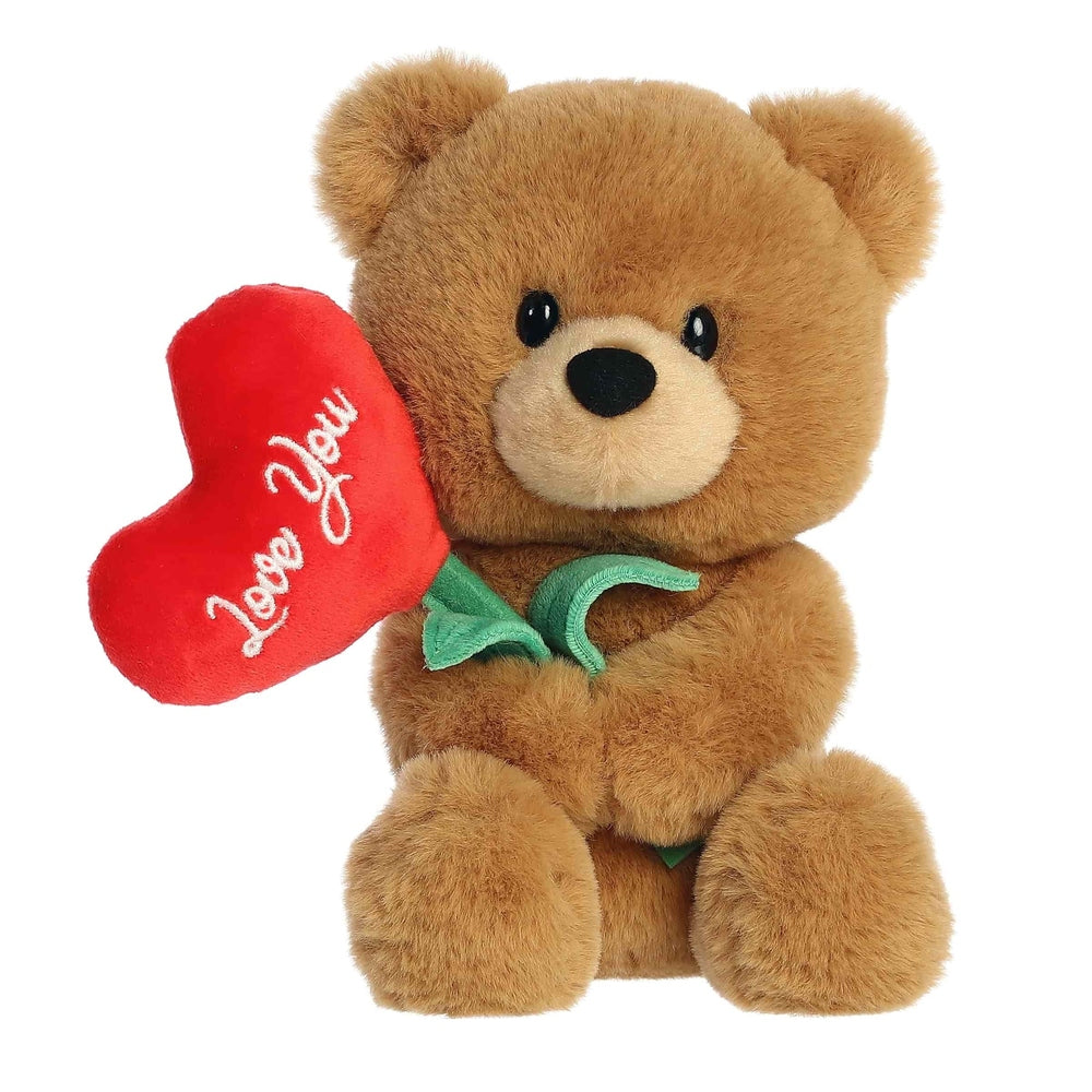 Aurora Valentine Blossoming Love Bear plush toy, brown teddy holding red heart with green ribbon