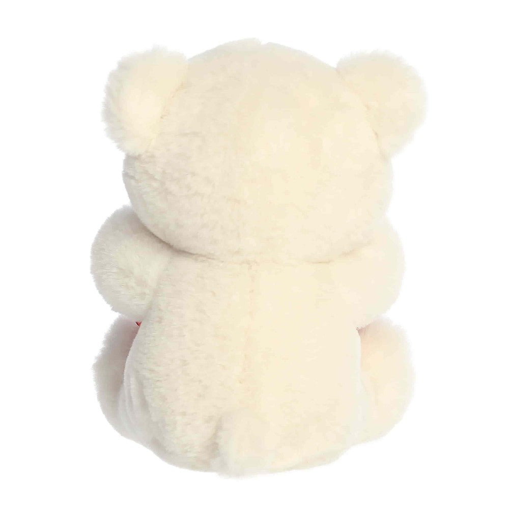 Cream plush teddy bear, back view with fluffy fur and round ears.