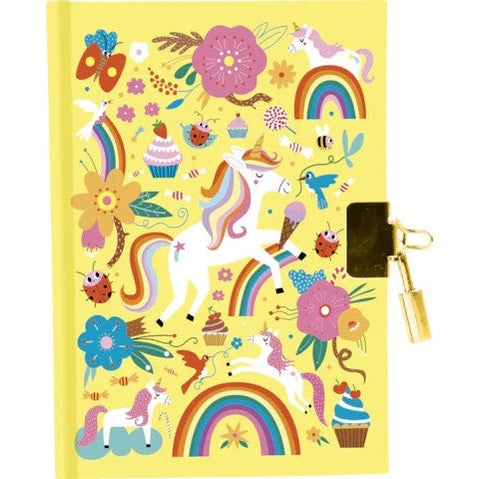 Avenue Mandarine Secret Journal Unicorns notebook, yellow cover with unicorns, rainbows and flowers, gold lock