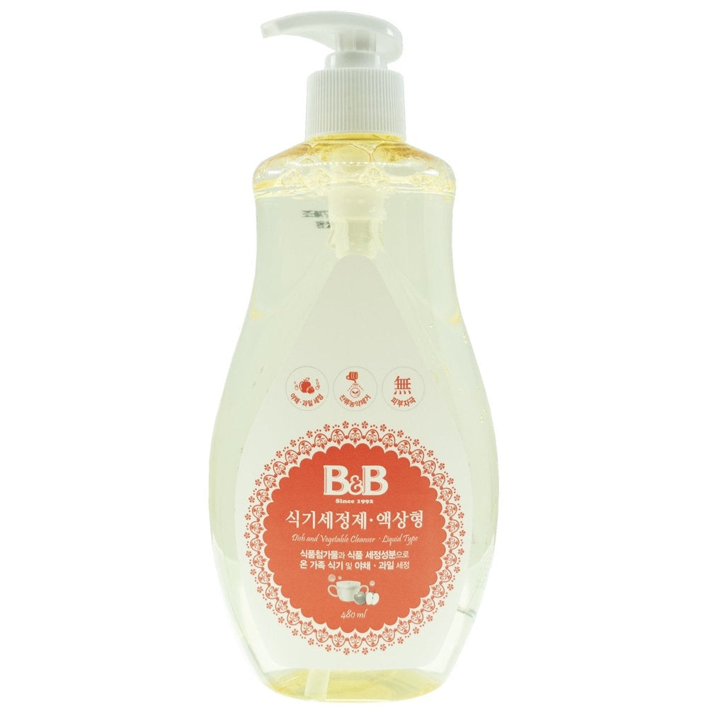 B&B Dish & Vegetable Cleanser liquid in a clear plastic pump bottle, 480 ml