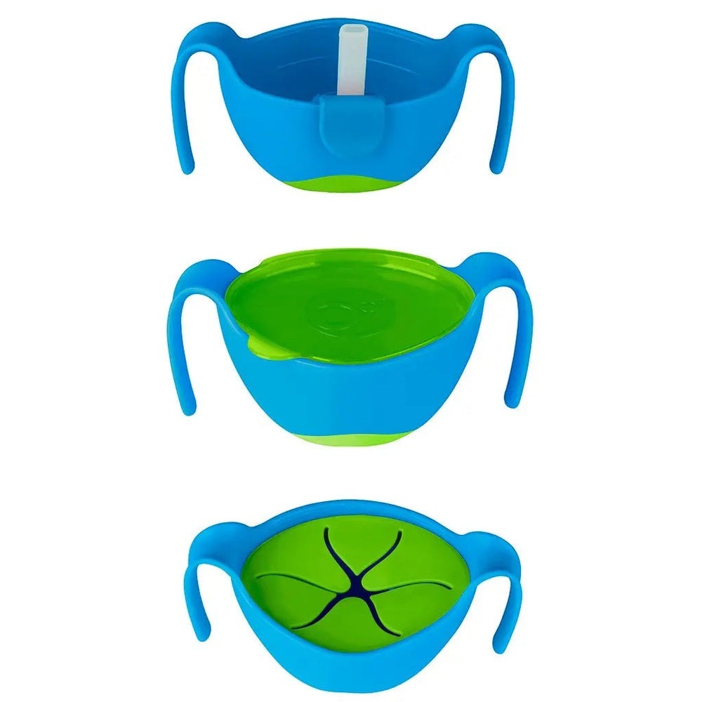 B.BOX Bowl & Straw set for babies; blue bowls with green interior and lid, shown as a 3-piece feeding trio.