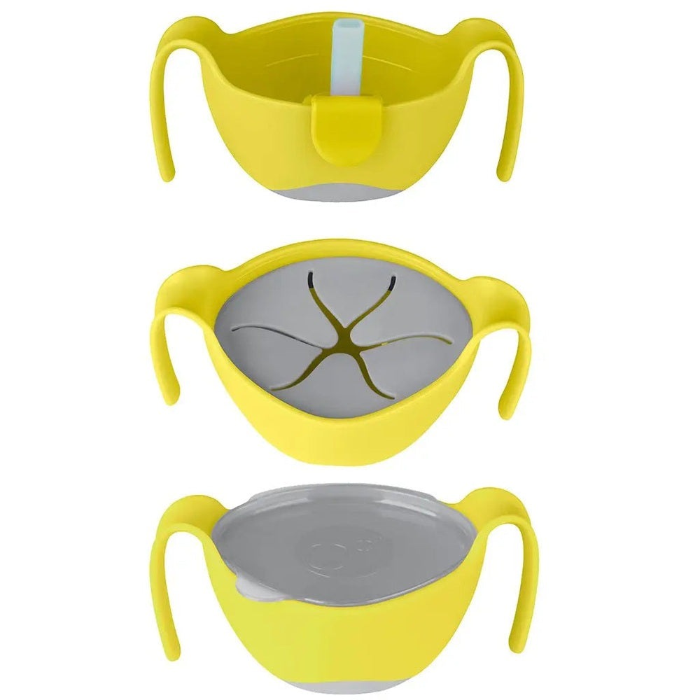 B.Box Bowl & Straw three-piece set: yellow baby bowls with handles and lids, shown with a gray suction base beneath.