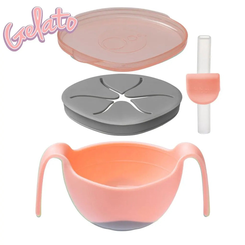 B.Box Bowl & Straw New Edition: pink bowl with handles, gray insert, lid, and straw accessory ready for mealtime.
