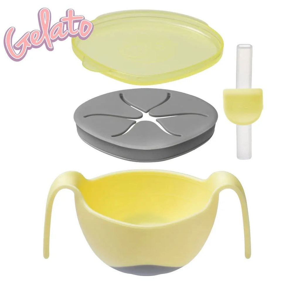 B.Box Bowl & Straw New Edition yellow double-handled bowl with grey lid and straw accessory.
