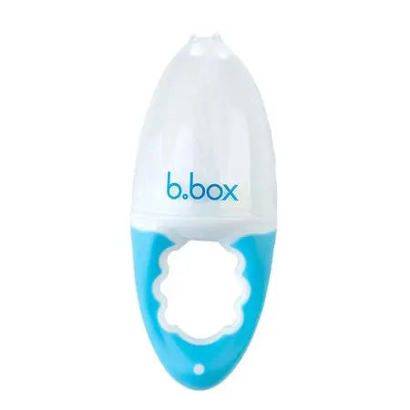 B.Box Fresh Food Feeder blue handle and white cap, designed for easy one-handed feeding.