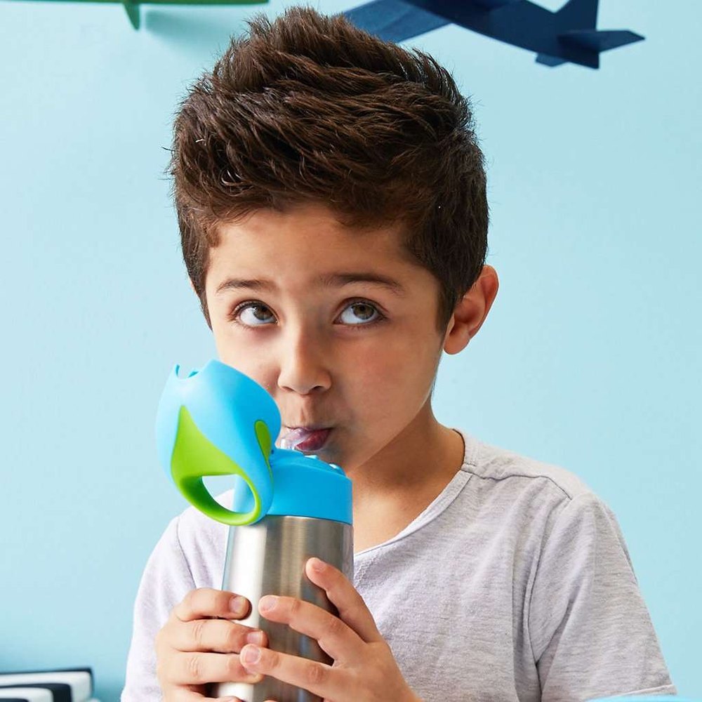 B.BOX Insulated Bottle; stainless steel body, blue cap with green straw, child drinking.