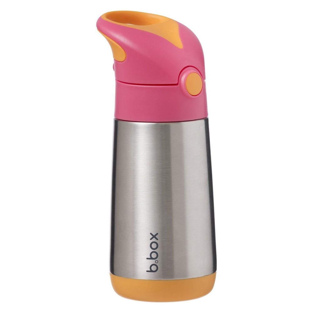 B.Box Insulated Bottle stainless steel body with pink lid and orange accents