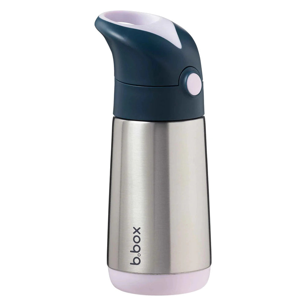 B.Box Insulated Bottle 350 ml, stainless steel with navy blue cap and pale pink base, standing upright.