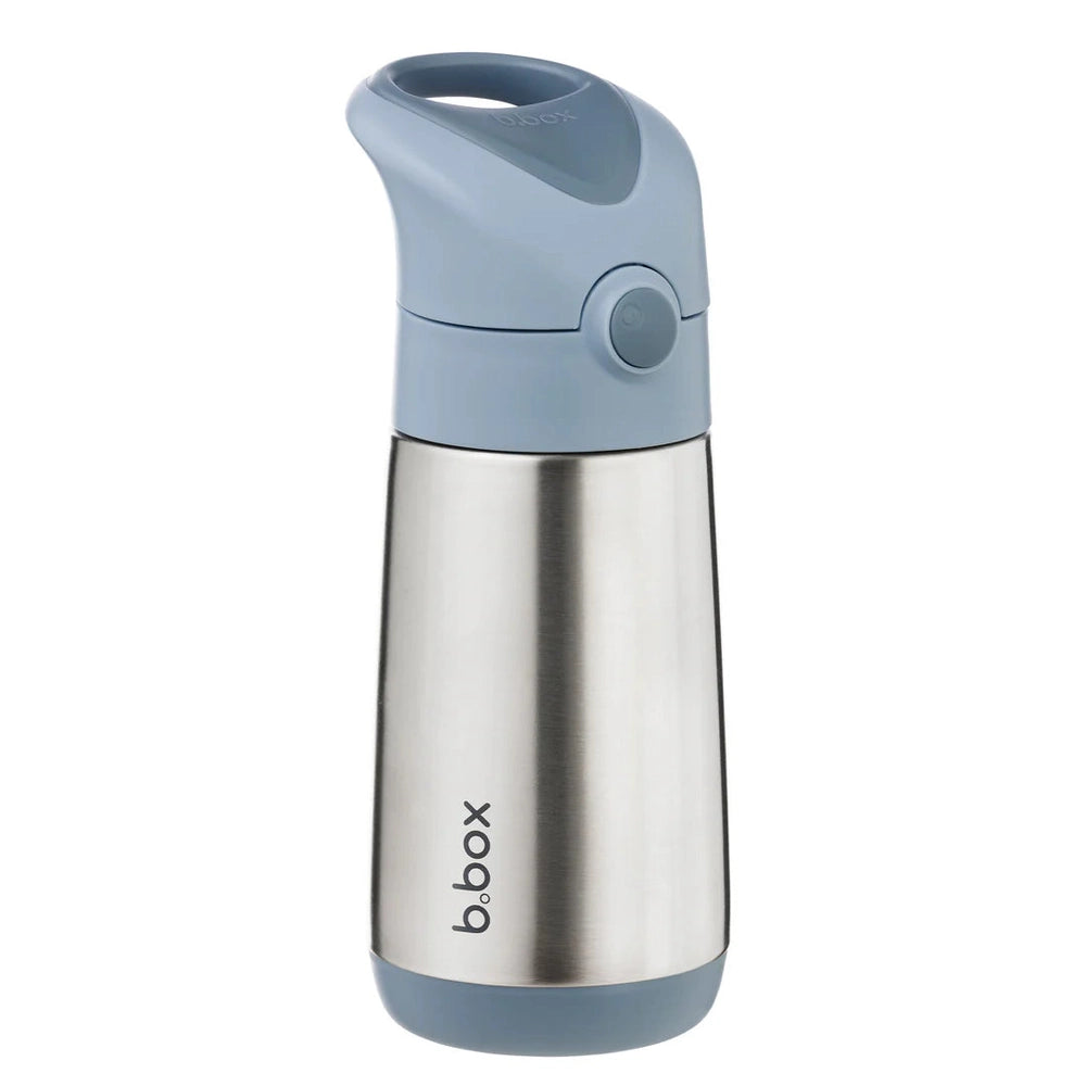 B.Box Insulated Bottle 350 ml with blue flip-top lid; stainless steel body shows durable, keeps drinks cold.