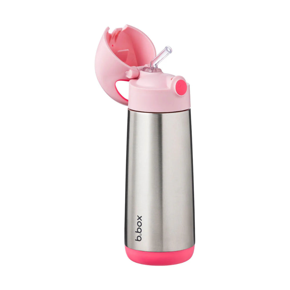 B.BOX insulated stainless steel drink bottle, 500 ml, pink flip lid with pink base.