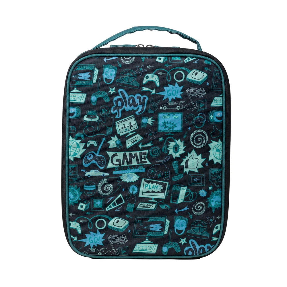 B.box Insulated Flexi Lunchbag with teal gaming print, handle shown for easy carrying.