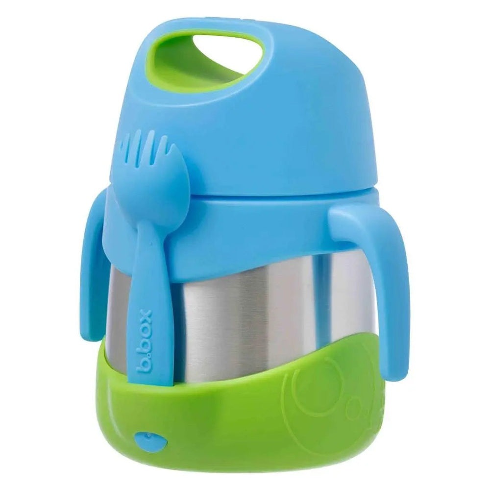 B.Box Insulated Food Jar with blue body and green base, spoon clipped to side for kid-friendly travel thermos.