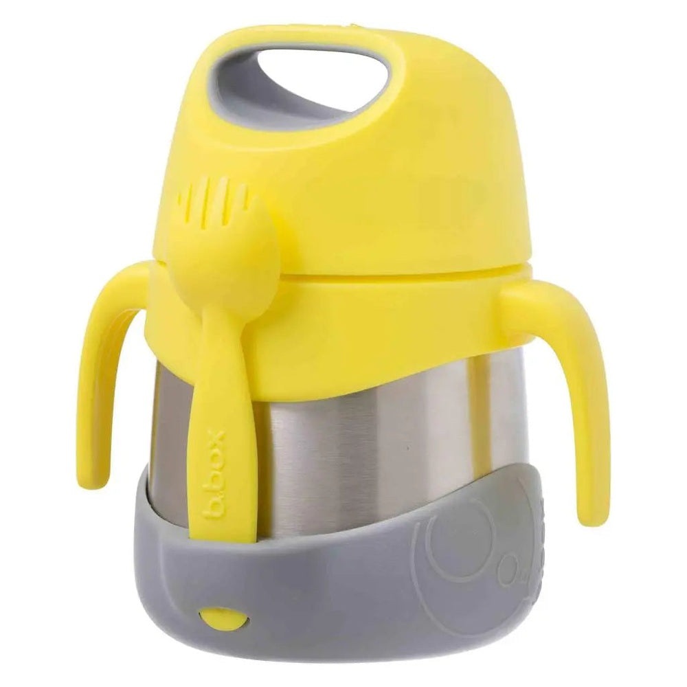 B.Box Insulated Food Jar with yellow lid and gray base; side handles show easy carrying for on-the-go meals.