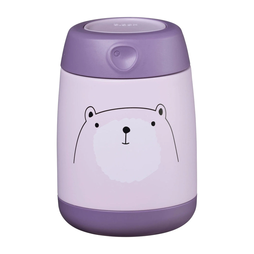 B.Box Insulated Food Jar Mini in lilac with polar bear graphic; lid closed to keep foods warm.