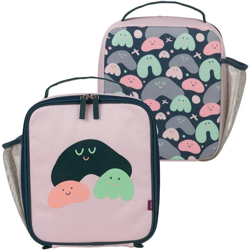 B.BOX Insulated Lunchbag set: two pastel pink lunch bags with jelly shapes and a navy patterned bag, plus mesh side pocket.