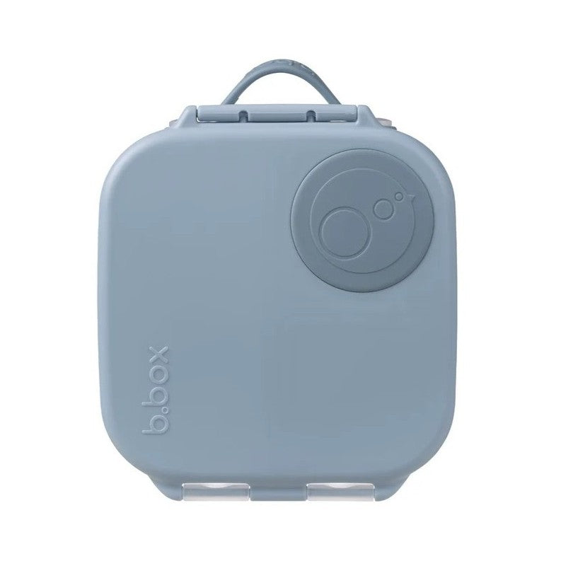 B.Box Mini Lunchbox in light blue with built-in carry handle, circular lid detail, ready to carry.