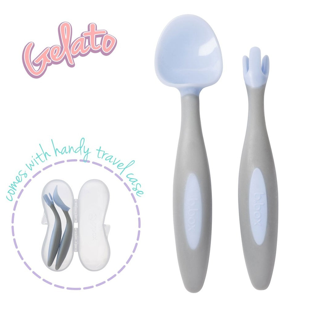 B.BOX New Cutlery Set for toddlers with gray handles and light blue heads, includes travel case (1 set)