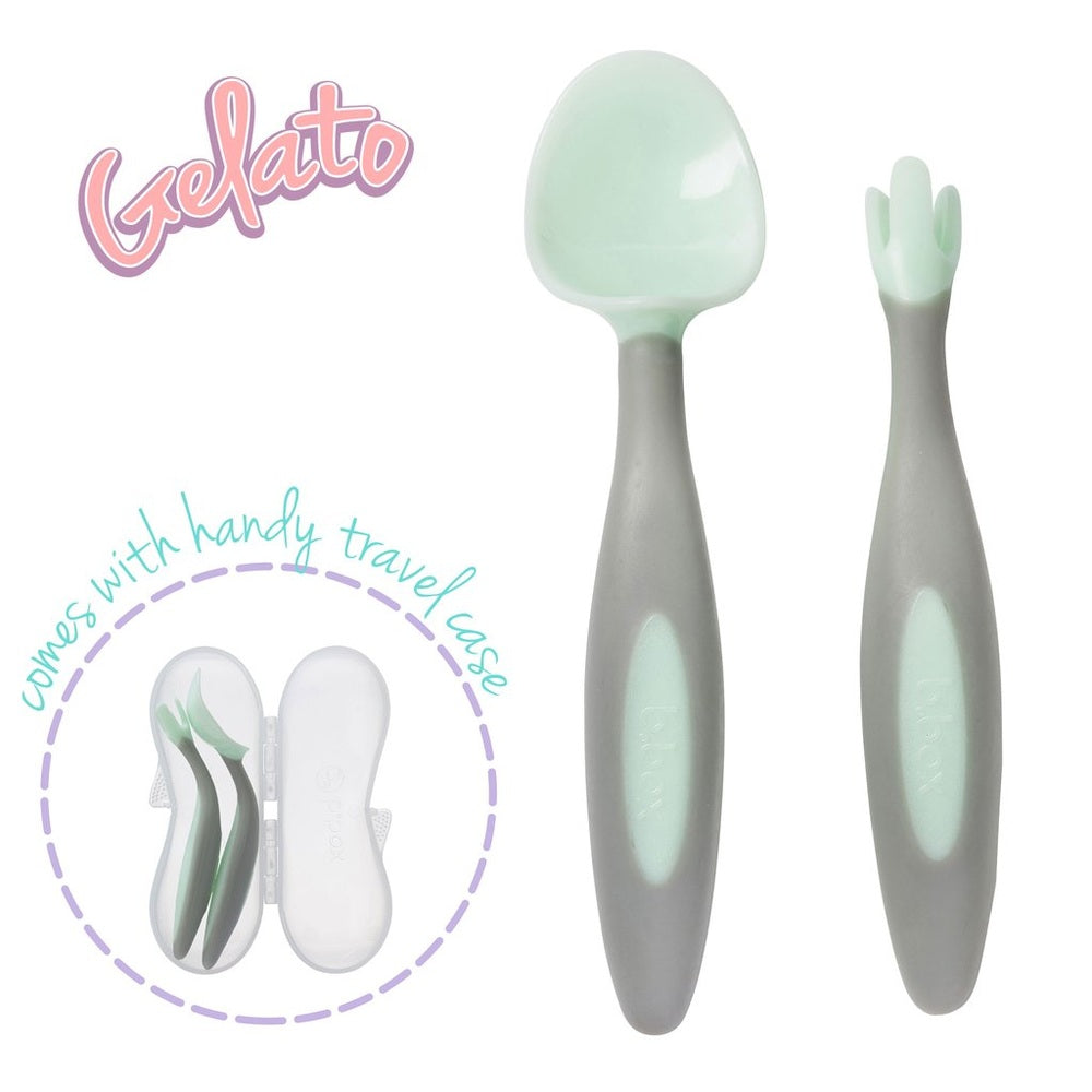B.Box New Cutlery Set: gray-handled toddler forks and spoon in mint green, with travel case (2 pieces)