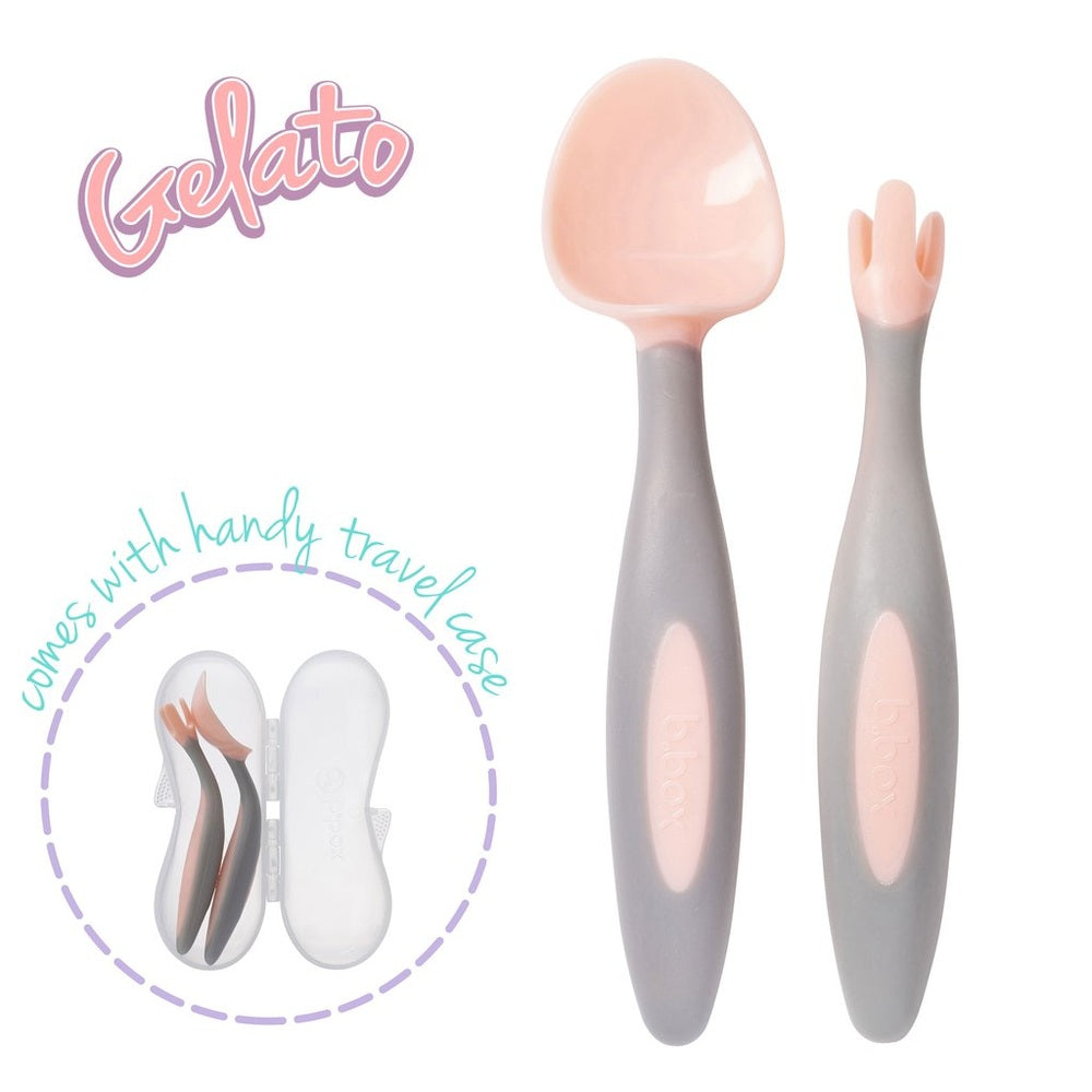 B.BOX New Cutlery Set for toddlers - two gray utensils with pink tips in a travel case