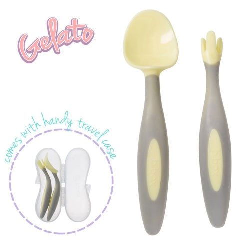 B.BOX New Cutlery Set for toddlers, gray handles with yellow soft tips; includes spoon, fork and travel case