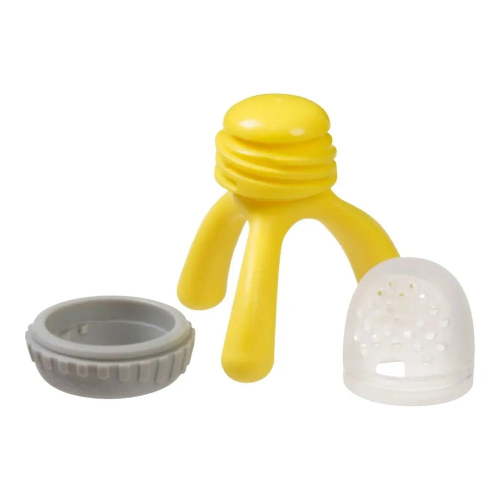 B.Box New Silicone Fresh Food Feeder (3-piece) in yellow with gray cap and perforated white dome.