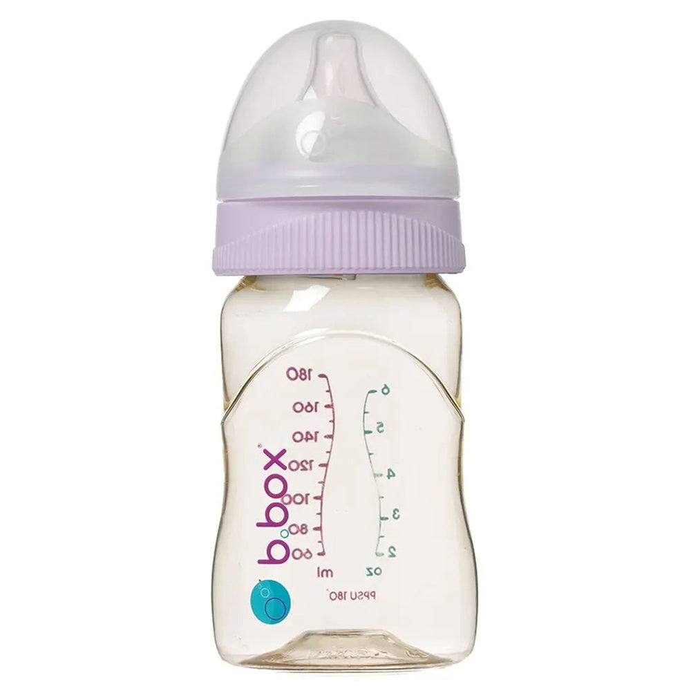 B.Box PPSU Baby Bottle 180 ml with purple collar and clear cap, held upright to reveal measurement marks.