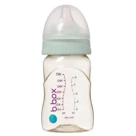 B.Box PPSU Baby Bottle 180 ml, clear with pastel blue cap, displaying measurement marks.