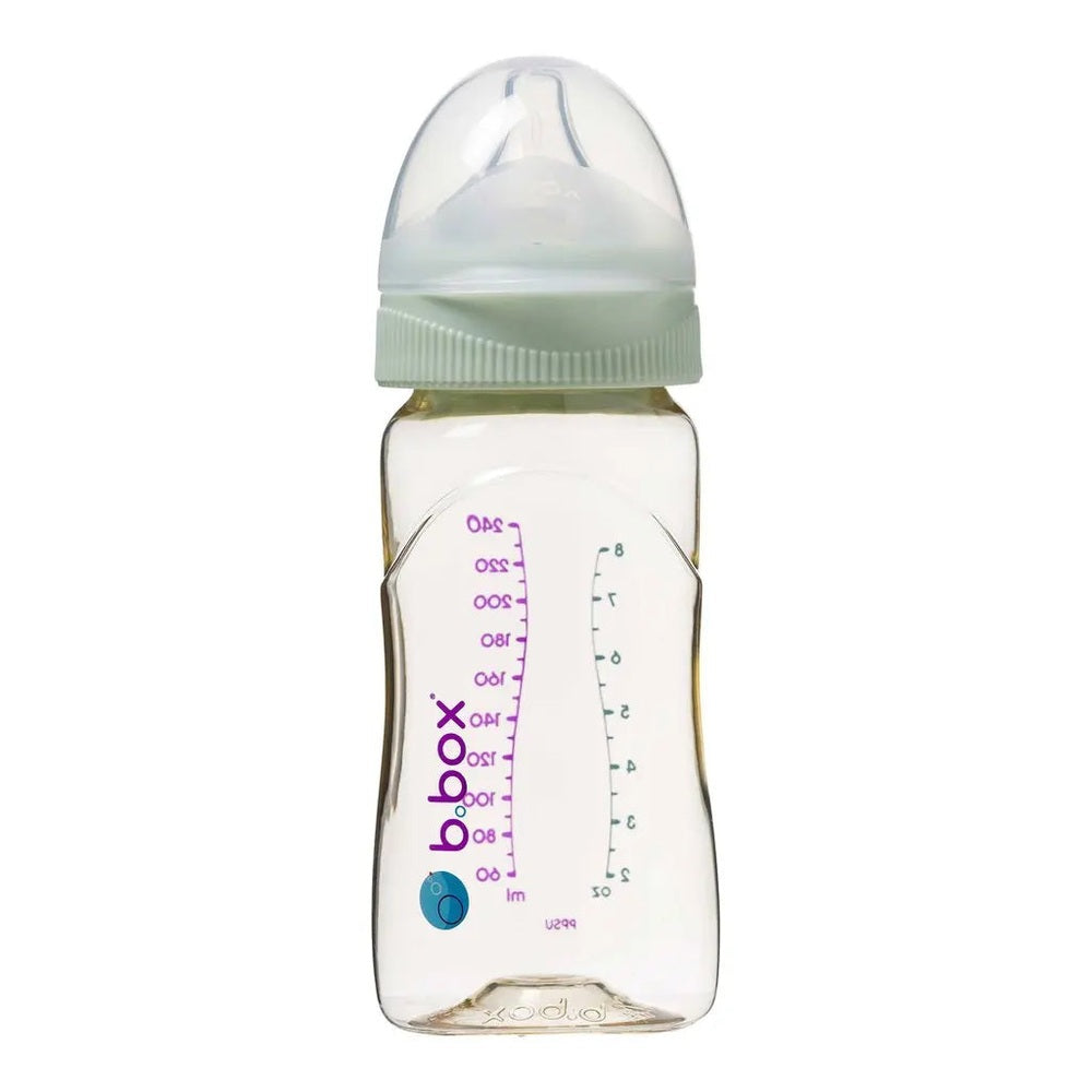 B.Box PPSU baby bottle 240 ml with pastel green cap, clear body, showing measurement marks