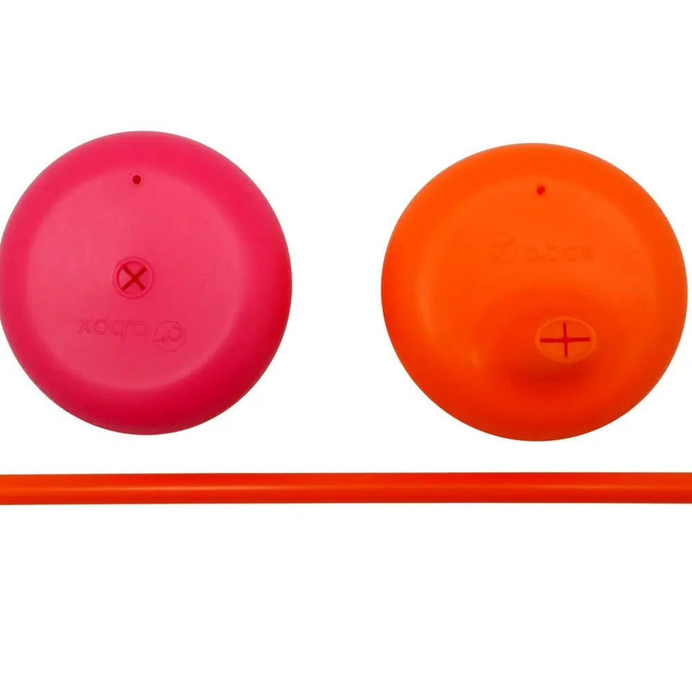 B.Box Silicone Lids Travel Pack: pink and orange lids with straw, ready for on-the-go feeding.